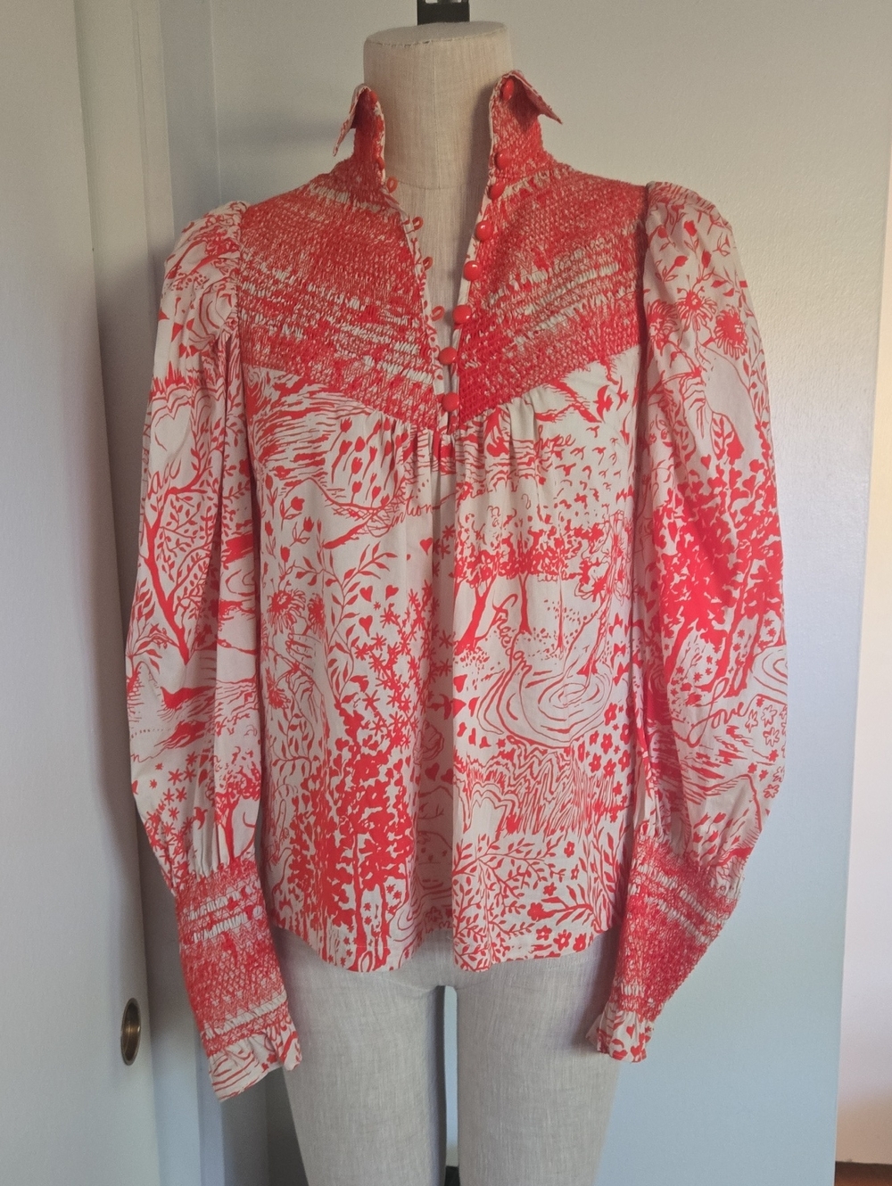 Tracy Reese Red and Cream Smocked Yoke Printed Blouse